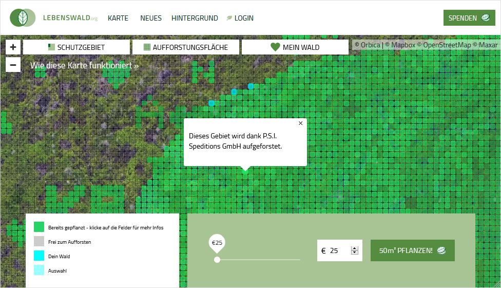 Screenshot der Position des Regenwald-Bereichs, den die P.S.I. Speditions GmbH durch ihre Unterstützung des Projekts LEBENSWALD.org aufforstet