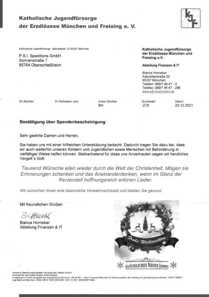 P.S.I. Speditions GmbH - Spende 2021 an Kinderheim St. Klara