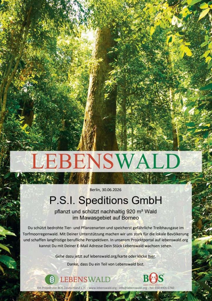 Urkunde LEBENSWALD.org für die P.S.I. Speditions GmbH (Gesamtstand am 30. Juni 2026)