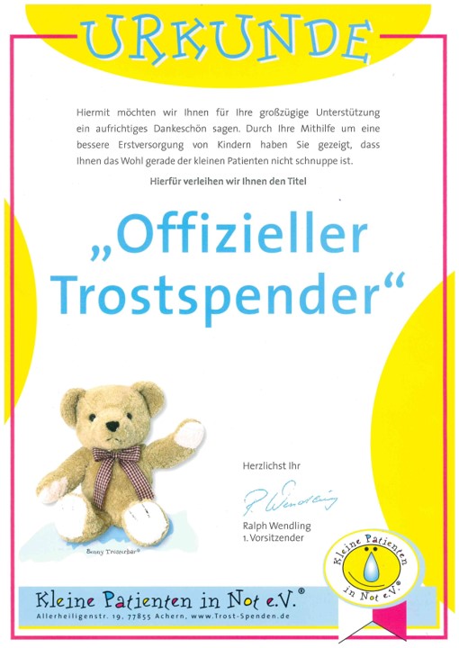 Kleine Patienten in Not e.V. - Urkunde „Offizieller Trostspender“ für die P.S.I. Speditions GmbH