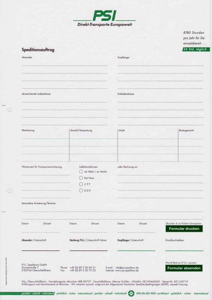 P.S.I. Speditions GmbH - Speditionsauftrag - Screenshot Web-Formular - Deutsch